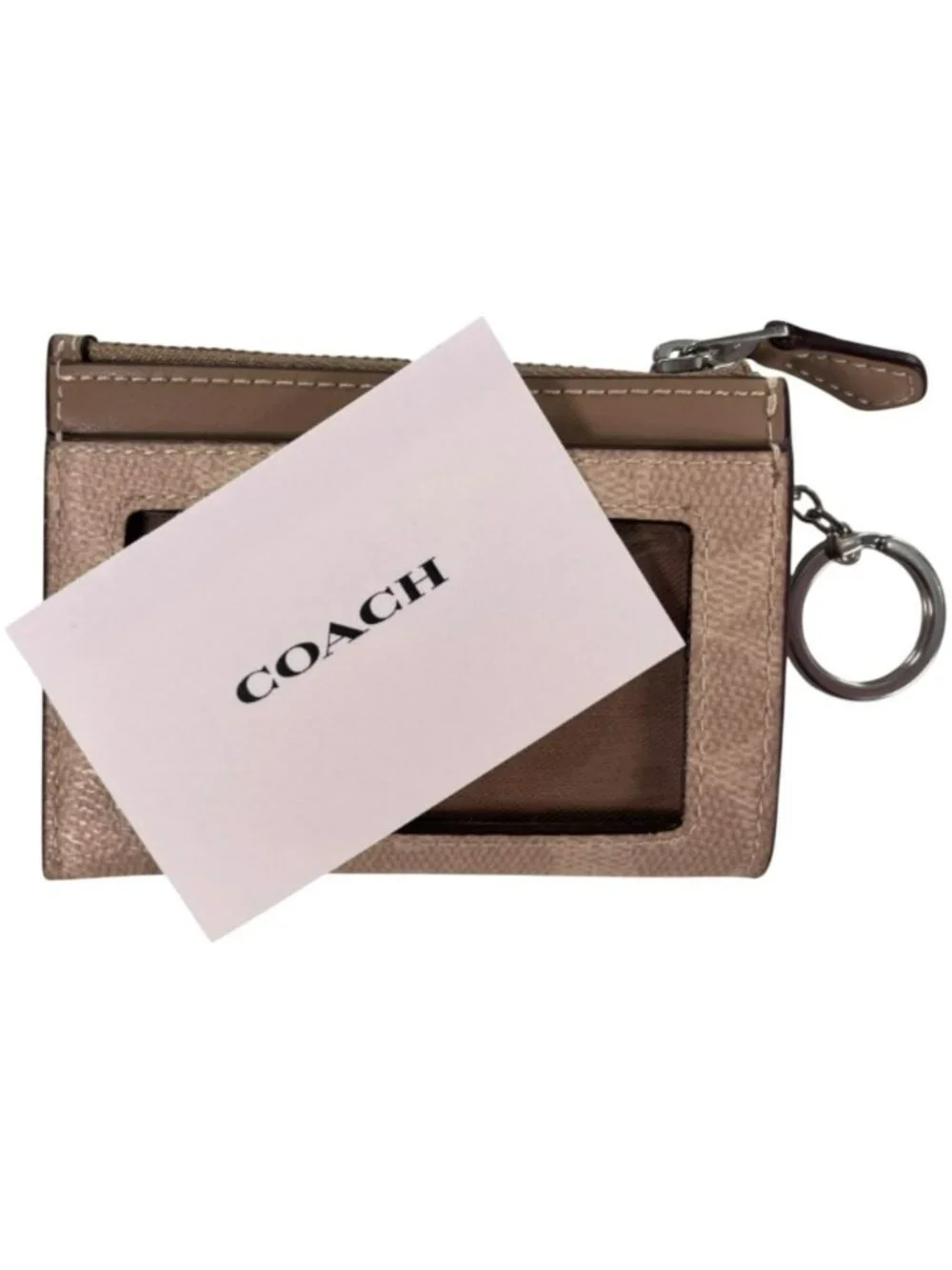 Coach Mini Skinny ID Case Key Ring Beige & Brown Authentic NEW